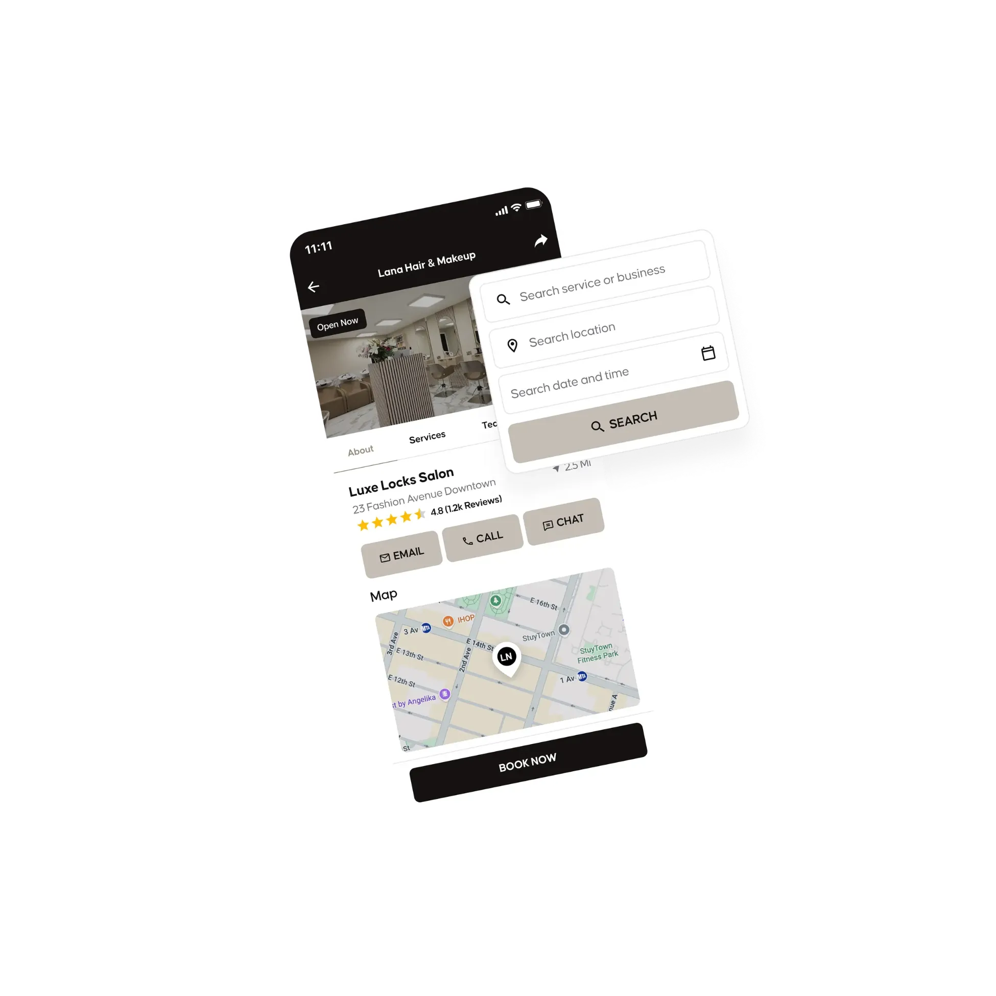 Clients finding nearby salons on a map in the Emvari app