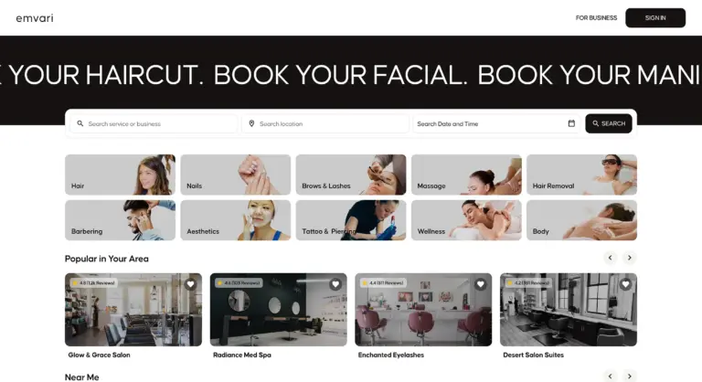 Salon booking page in the Emvari marketplace