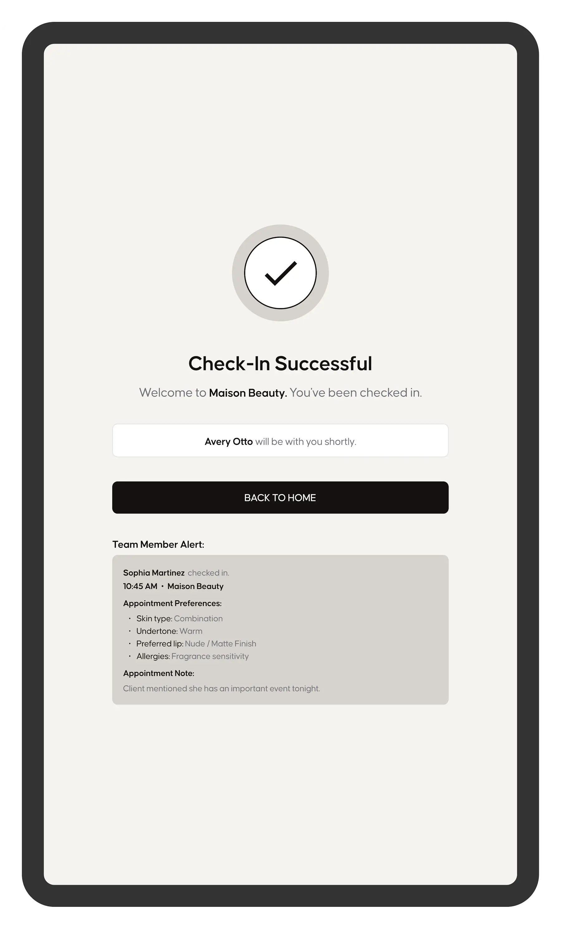 Salon kiosk check-in confirmation screen