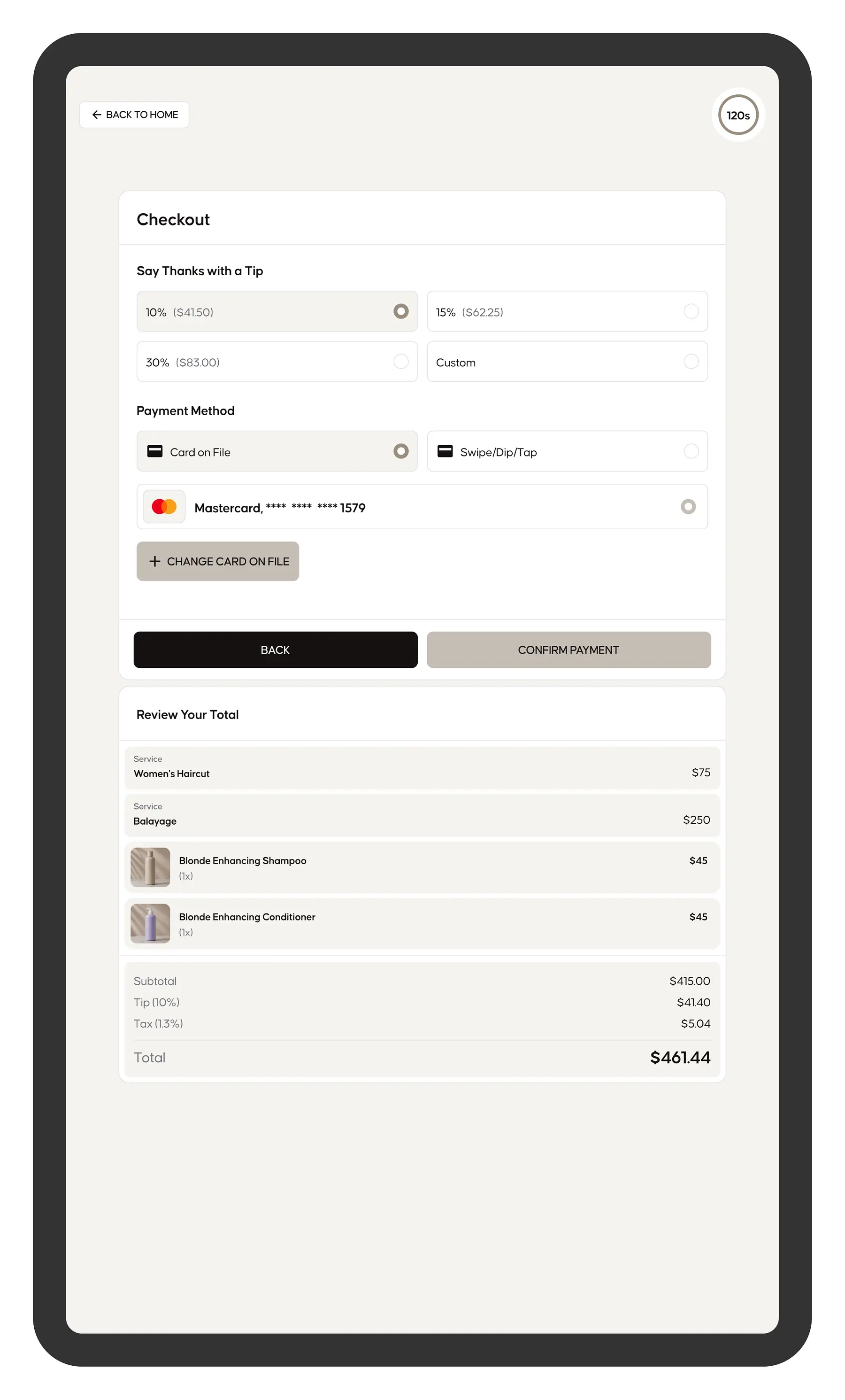 Salon kiosk checkout screen with retail add-ons